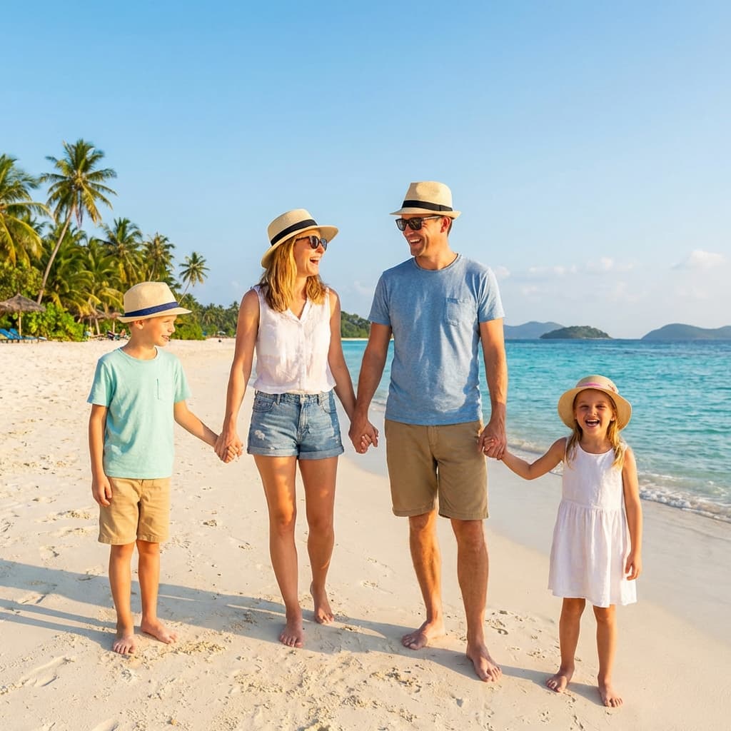 Família feliz viajando na praia