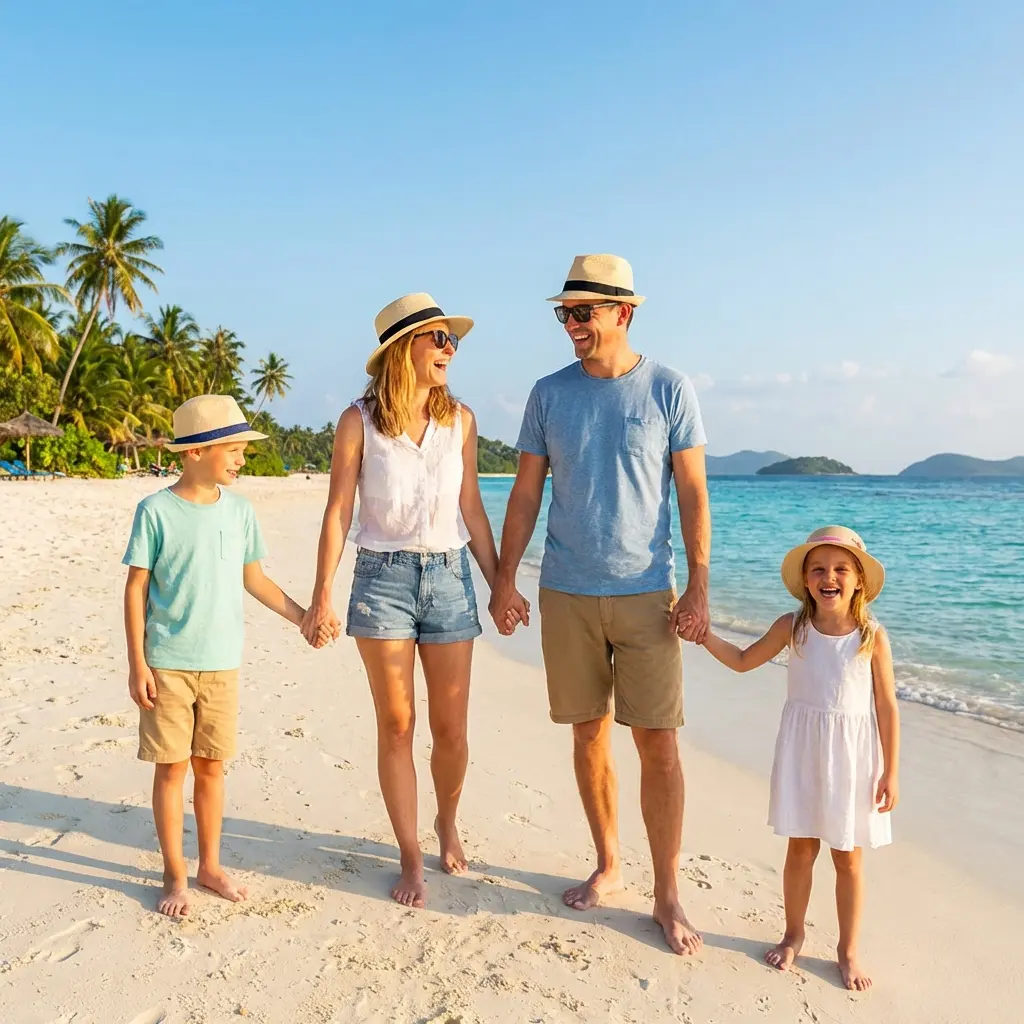 Família feliz viajando na praia